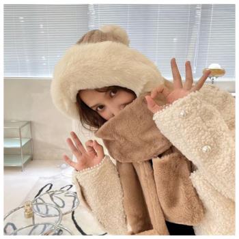 梨花HaNA 這個冬天冷爆了．韓國仿兔絨毛厚針織帶帽子手套一體溫暖脖圍圍巾