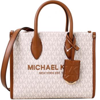 【Michael Kors】MIRELLA 滿版LOGO拼接手提斜背托特包(香草白)