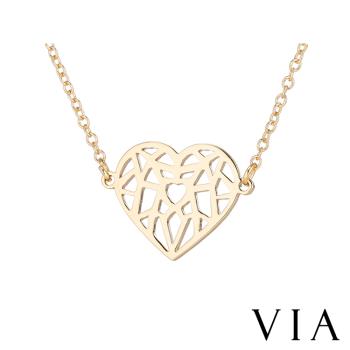 【VIA】時尚系列 縷空線條個性愛心造型白鋼項鍊 造型項鍊 金色