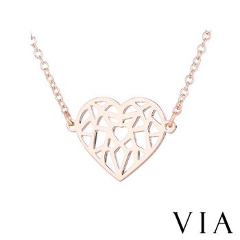 【VIA】時尚系列 縷空線條個性愛心造型白鋼項鍊 造型項鍊 玫瑰金色
