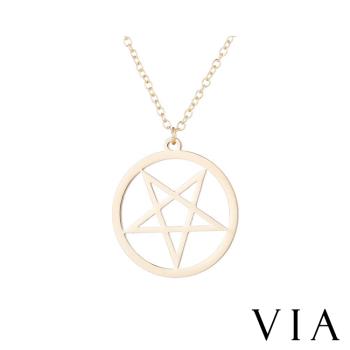 【VIA】時尚系列 縷空五角星線條造型白鋼項鍊 造型項鍊 金色