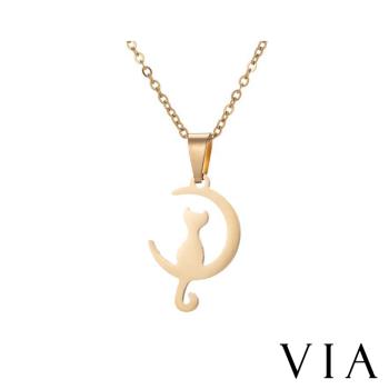 【VIA】動物系列 可愛貓咪月牙造型白鋼項鍊 造型項鍊 金色