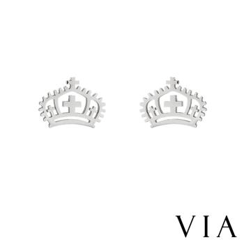 【VIA】時尚系列 十字架皇冠造型白鋼耳釘 造型耳釘 鋼色