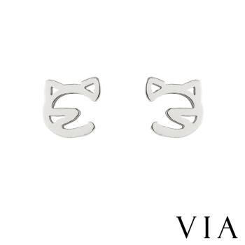 【VIA】動物系列 貓咪線條造型白鋼耳釘 造型耳釘 鋼色