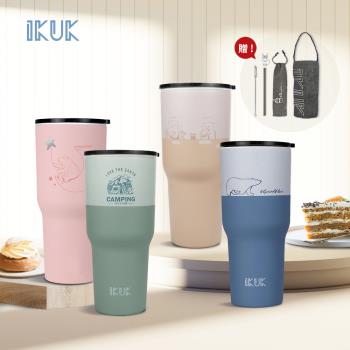 【IKUK艾可】真陶瓷保溫杯900ml冰壩杯-小熊陶瓷杯(贈吸管&吸管刷&吸管袋&專屬提袋&小熊吸管塞)