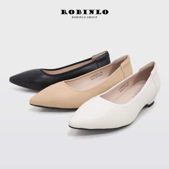 Robinlo全真皮簡約素面尖頭小坡跟鞋MAREE-法式黑/奶茶杏/奶油白
