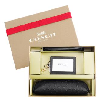 COACH 浮雕C LOGO PVC筆袋/證件夾兩件禮盒組(黑)