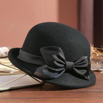 【米蘭精品】羊毛帽盆帽-蝴蝶結釘珠毛呢禮帽女帽子3色74dq10