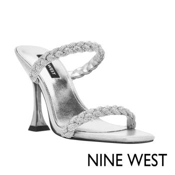 NINE WEST ZIPPY5水鑽方頭高跟涼鞋-銀色