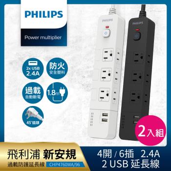 【Philips 飛利浦】4開6插+雙USB延長線 1.8M 兩入組-CHP4760