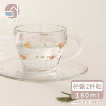 韓國SSUEIM 古典玫瑰系列玻璃咖啡杯盤2件組180ml