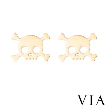 【VIA】個性系列 時尚骷髏頭造型白鋼耳釘 造型耳釘 金色