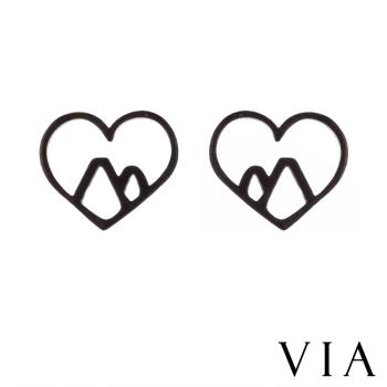 【VIA】符號系列 可愛縷空小山愛心造型白鋼耳釘 造型耳釘 黑色