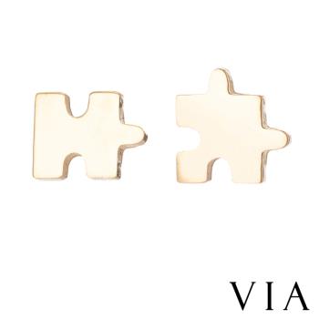 【VIA】時尚系列 迷你幾何拼圖造型白鋼耳釘 造型耳釘 金色