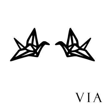 【VIA】動物系列 千紙鶴線條造型白鋼耳釘 造型耳釘黑色