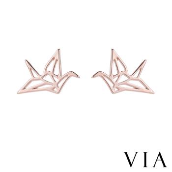 【VIA】動物系列 千紙鶴線條造型白鋼耳釘 造型耳釘玫瑰金色