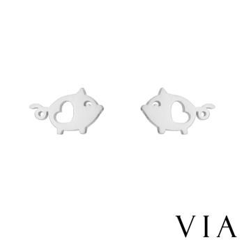 【VIA】動物系列 縷空愛心可愛小豬造型白鋼耳釘 造型耳釘 鋼色