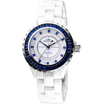 KATINO 白陶瓷晶鑽腕錶-藍晶鑽/40mm (K302WZU-WU)