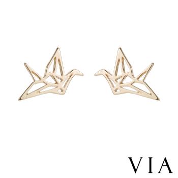 【VIA】動物系列 千紙鶴線條造型白鋼耳釘 造型耳釘金色