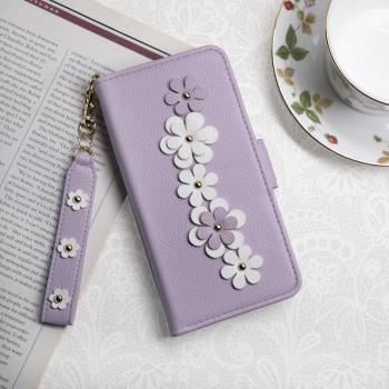 Aguchi 亞古奇 Apple iPhone 14 Pro Max (6.7吋) 花語 鉚釘立體花朵手機皮套 頂級柔軟皮革 附皮質璀璨吊飾 - 柔紫