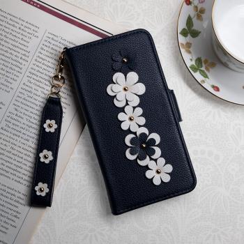 Aguchi 亞古奇 Apple iPhone 14 Pro (6.1吋) 花語 鉚釘立體花朵手機皮套 頂級柔軟皮革 附皮質璀璨吊飾 - 湛藍
