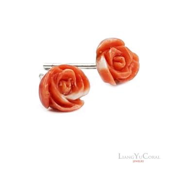 【大東山樑御珊瑚】天然桃紅珊瑚雕刻玫瑰花 6~6.5mm耳針