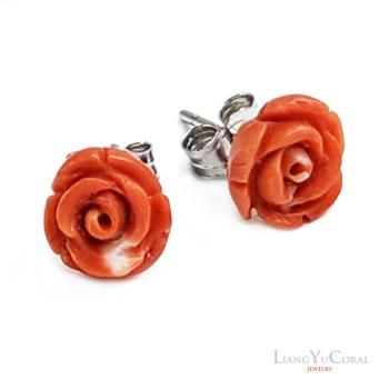 【大東山樑御珊瑚】天然桃紅珊瑚雕刻玫瑰花 8~8.5mm耳針
