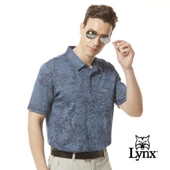 【Lynx Golf】男款歐洲進口絲光面料優美碎花圖樣典雅胸袋款短袖POLO衫-深藍色