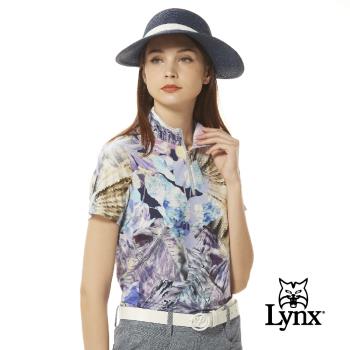 【Lynx Golf】女款歐洲進口布料柔軟舒適滿版花草圖樣印花短袖立領POLO衫-紫色