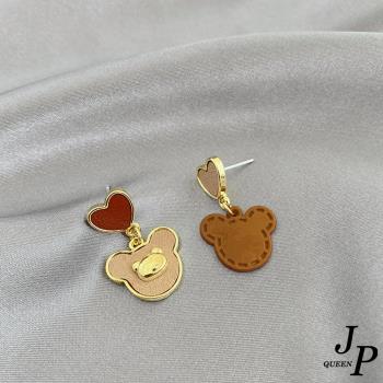 【Jpqueen】童趣不對稱小熊餅乾愛心耳針耳夾耳環(咖啡色2款可選)