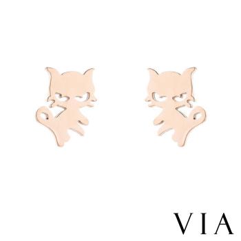 【VIA】動物系列 調皮小野貓造型白鋼耳釘 造型耳釘 玫瑰金色