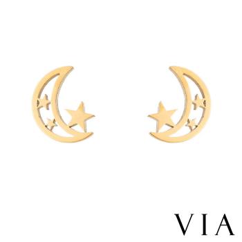 【VIA】星空系列 月亮星星縷空線條造型白鋼耳釘 造型耳釘 金色