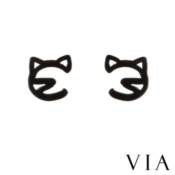 【VIA】動物系列 貓咪線條造型白鋼耳釘 造型耳釘黑色