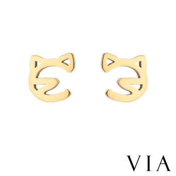 【VIA】動物系列 貓咪線條造型白鋼耳釘 造型耳釘金色