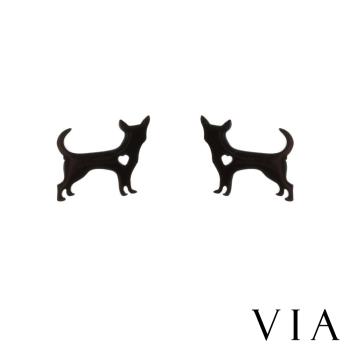 【VIA】動物系列 縷空愛心梗犬狗狗造型白鋼耳釘 造型耳釘黑色