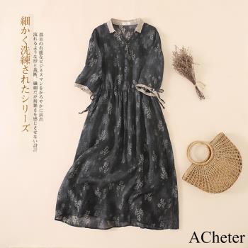 【ACheter】舒麻輕薄印花V領飄逸棉洋裝#112936