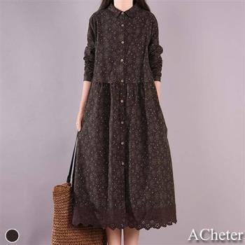 【ACheter】復古田園風碎花休閒拼接顯瘦棉麻洋裝#111680