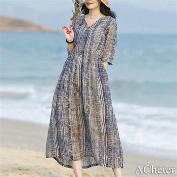 【ACheter】海風飄逸條紋氣質棉麻感洋裝#112148