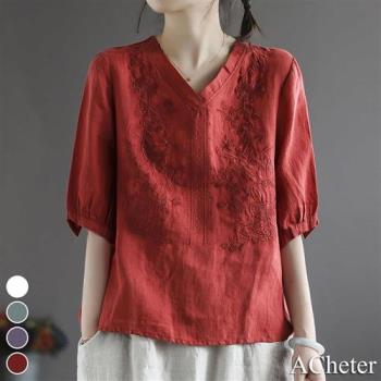 【ACheter】日本宮廷復古文藝棉麻刺繡上衣#112153