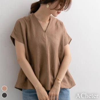 【ACheter】韓國小姐氣質百搭V領棉麻寬鬆上衣j#107394現貨+預購j(2色)