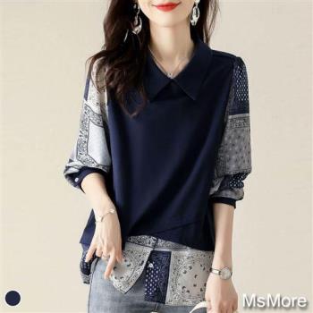 【MsMore】韓國時尚拼接藍瓷印花假2件上衣#110795