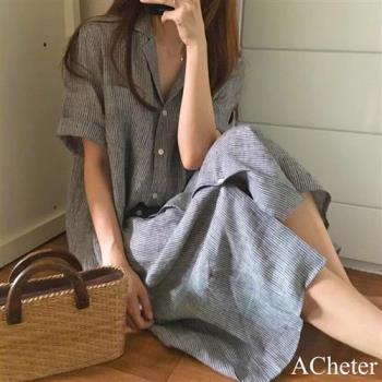 【ACheter】chic風條紋寬鬆短袖襯衫連身裙#113400