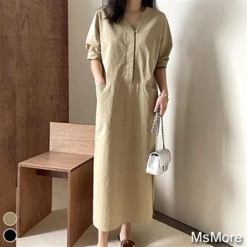 【MsMore】韓國皇室設計款V領寬鬆棉麻洋裝##110011