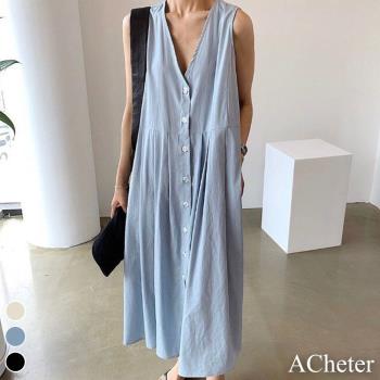 【ACheter】韓國東大門2021夏季復古背後排扣無袖棉麻洋裝#109190現貨+預購(3色)