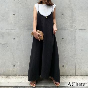 【ACheter】2021韓國新品純色時尚棉麻吊帶背心長洋裝#109236現貨+預購(黑色)