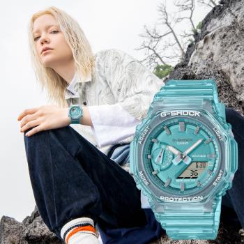 CASIO 卡西歐 G-SHOCK 女錶 八角農家橡樹 半透明雙顯手錶-藍(GMA-S2100SK-2A)