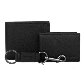 COACH - 壓印LOGO 二折短夾+卡夾+鑰匙圈禮盒組(黑)