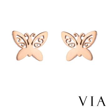 【VIA】昆蟲系列 縷空花紋蝴蝶結造型白鋼耳釘 造型耳釘玫瑰金色