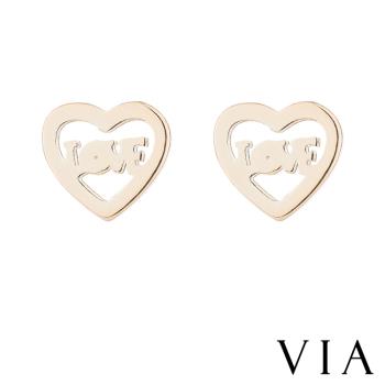 【VIA】符號系列 LOVE字母甜蜜愛心框框造型白鋼耳釘 造型耳釘 金色