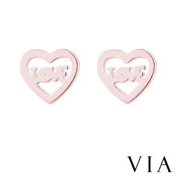 【VIA】符號系列 LOVE字母甜蜜愛心框框造型白鋼耳釘 造型耳釘 玫瑰金色